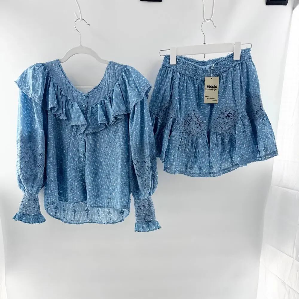 LoveShackFancy Bunnie Blouse & Adia Mini Skirt Set Blue Bonnet Womens Small